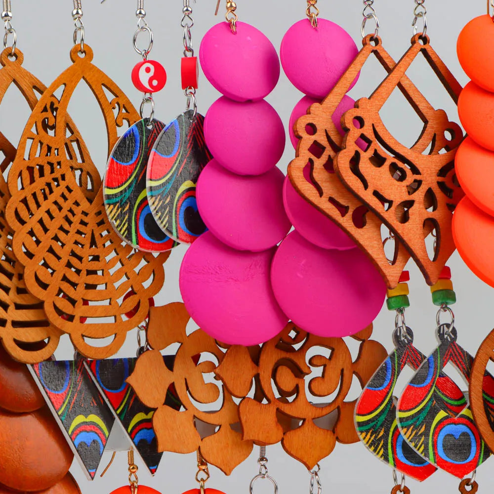 10Pairs/Lot Vintage Fashion Color Printed Wooden Chic Pendant Earrings With Random Styles For Daily Gift Giving Party