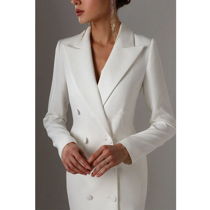 Women's Suit Long Blazer Double Breasted Jacket White Tuxedo Party Point Lapel Clothes спортивный костюм женск