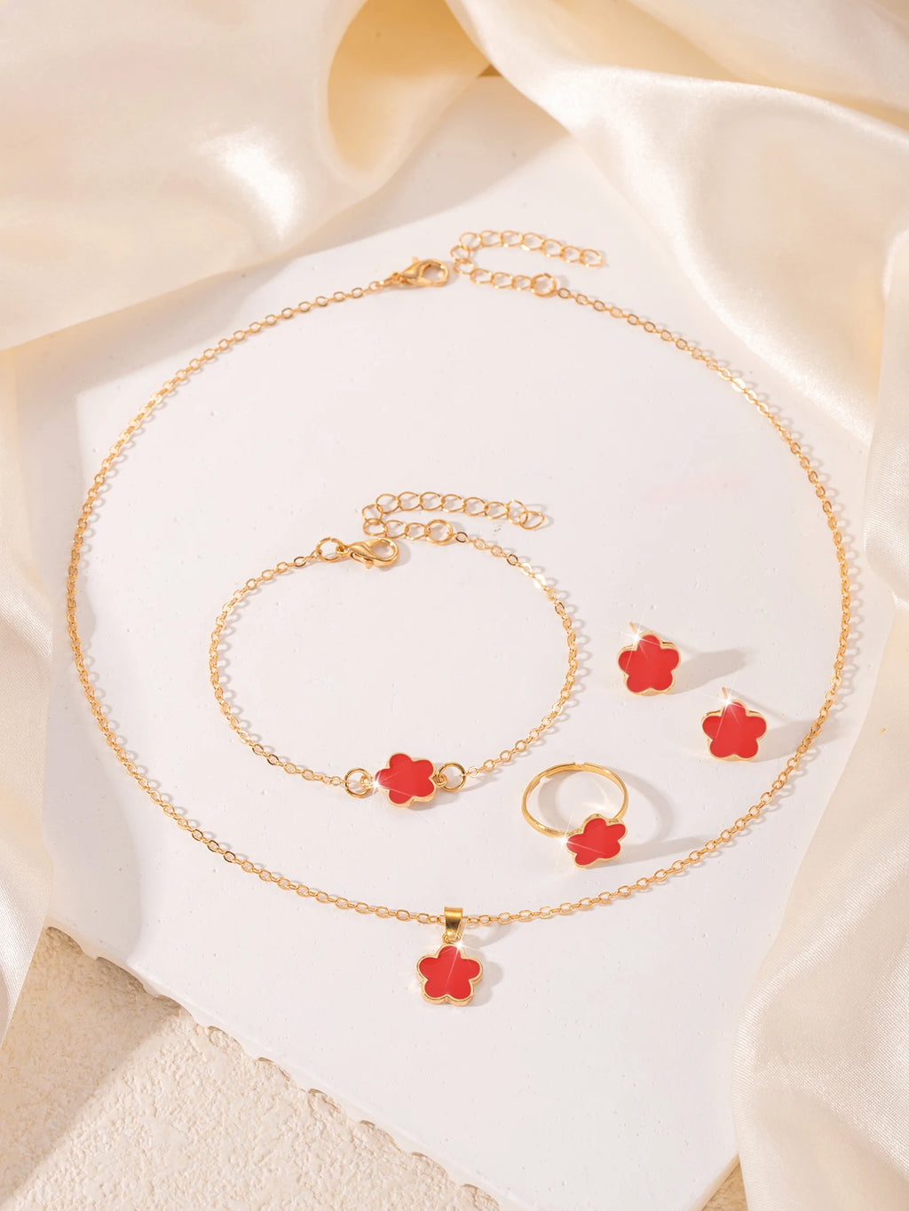 5pcs/set Lucky Five Petal Flower Jewelry Set, Bracelet Necklace Earrings Jewelry Set, Perfect For Giving Gifts