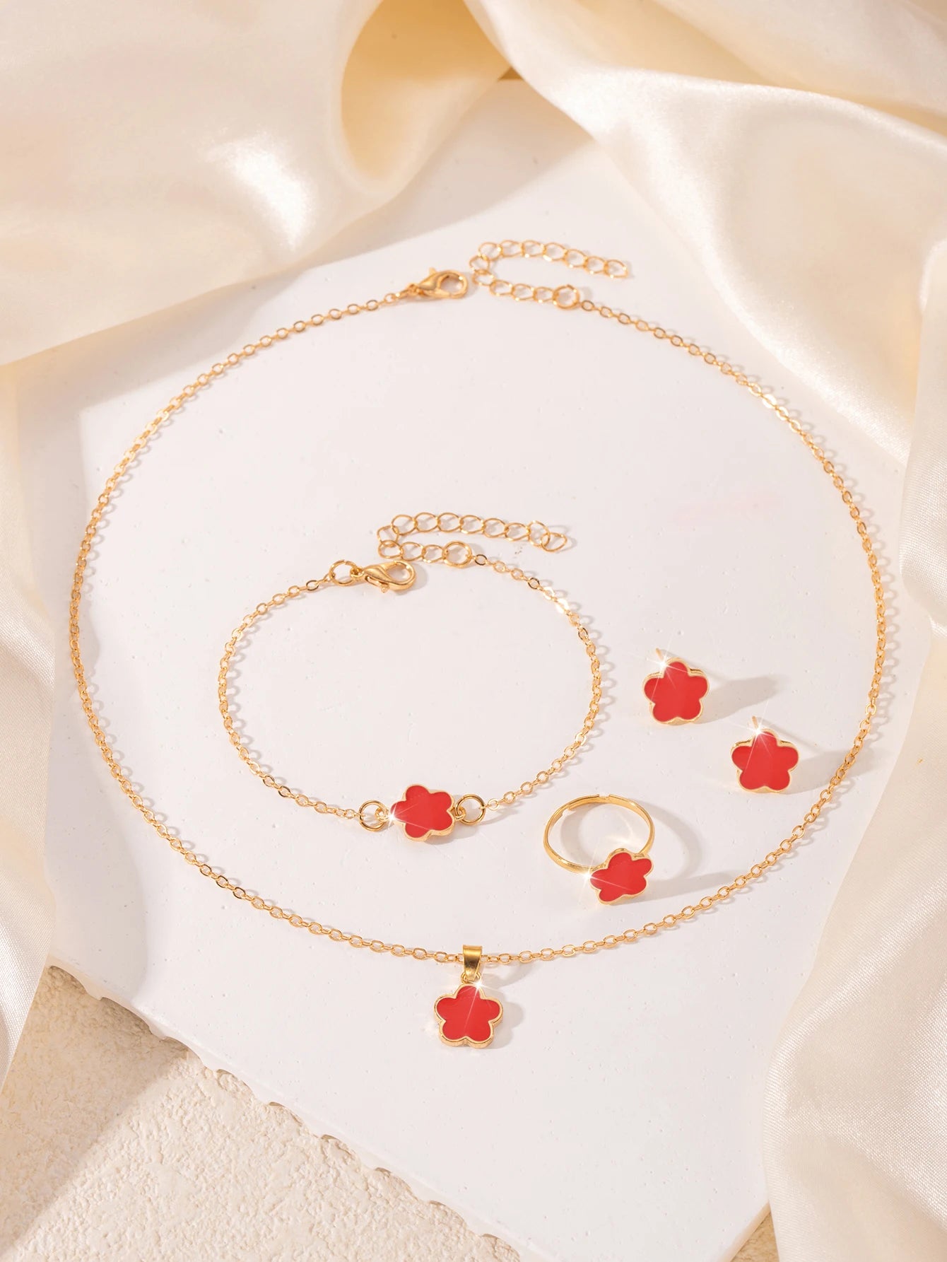 5pcs/set Lucky Five Petal Flower Jewelry Set, Bracelet Necklace Earrings Jewelry Set, Perfect For Giving Gifts