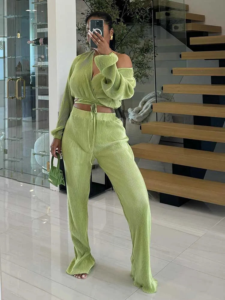 Casual Sets Womens Outfits Fall Clothes 2 Piece Lounge Set Draped Top and Elastic Wrap Pant Sets Outfits Wholesale Dropshipping