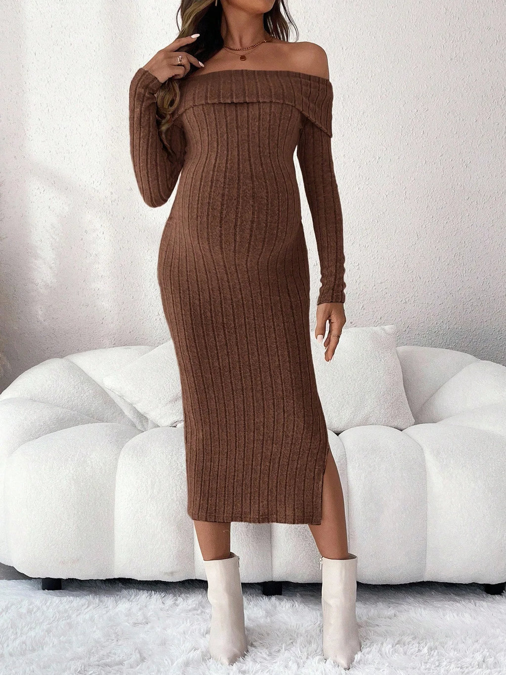 Maternity Clothes Pregnant Women Dress Photoshoot Clothing Autumn Winter One-shoulder Slimming Body-hugging Long-sleeved Knitted