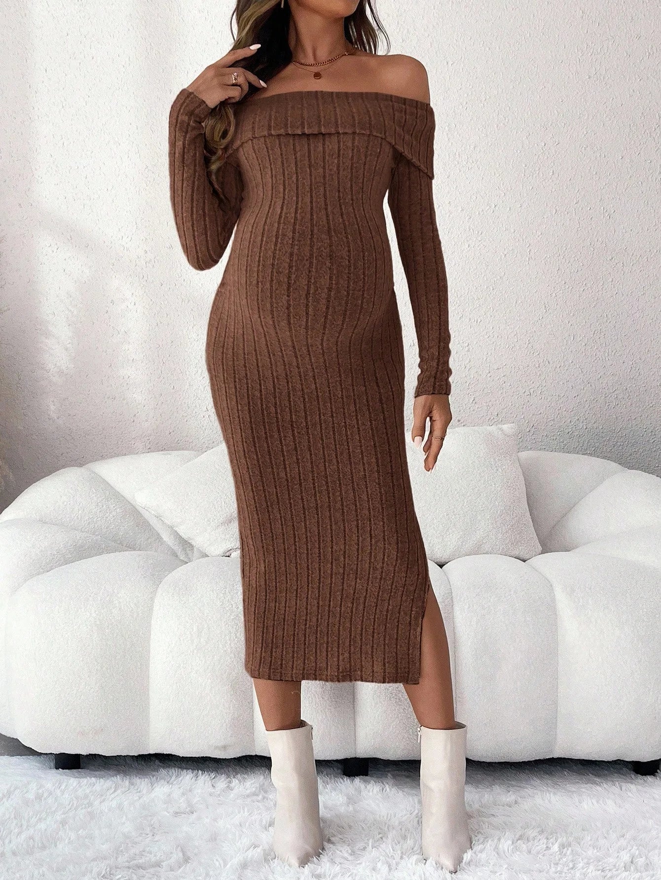 Maternity Clothes Pregnant Women Dress Photoshoot Clothing Autumn Winter One-shoulder Slimming Body-hugging Long-sleeved Knitted