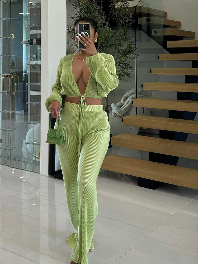 Casual Sets Womens Outfits Fall Clothes 2 Piece Lounge Set Draped Top and Elastic Wrap Pant Sets Outfits Wholesale Dropshipping