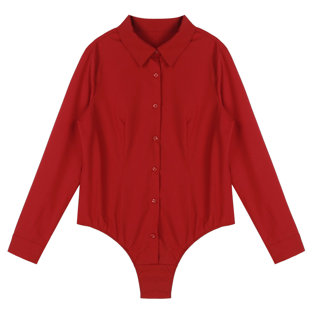 Women's Body Shirt Office Lady Work Uniforms White Blouses Slim Clothes Long Sleeve OL Shirt Leotard Easy Care Work Tights Shirt