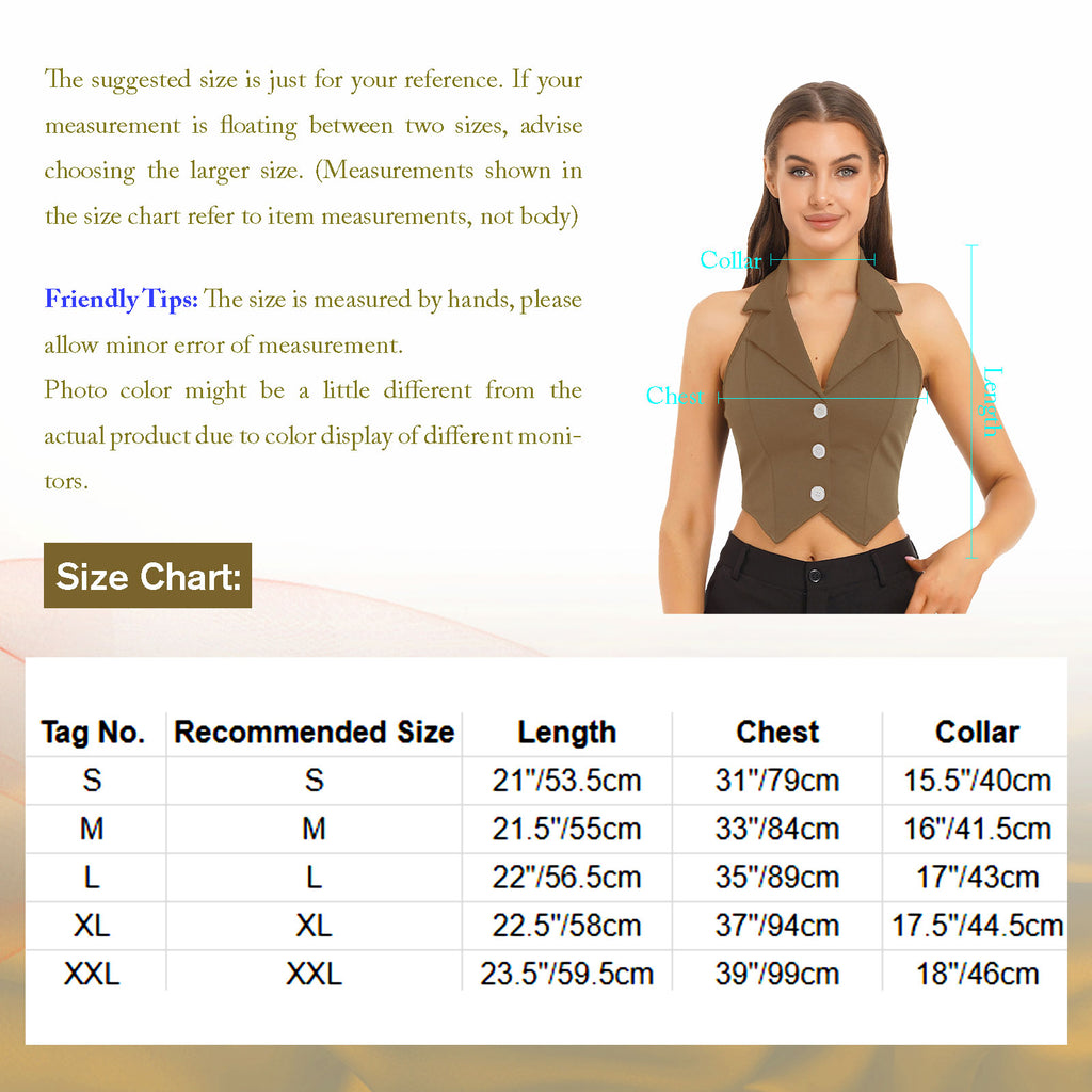 Womens Fashion Vest Shirts Separate Waistcoat Crop Tops Lapel Halter Backless Button Down Pointed Hem Vest for Party Formal Wear