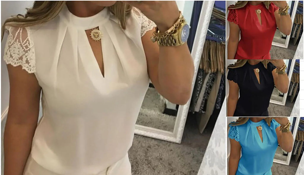 Women's Clothing Women Shirts Blouse high neck deep V-back zipper lace lace lace sleeve patchwork stand up collar shirt Blouses