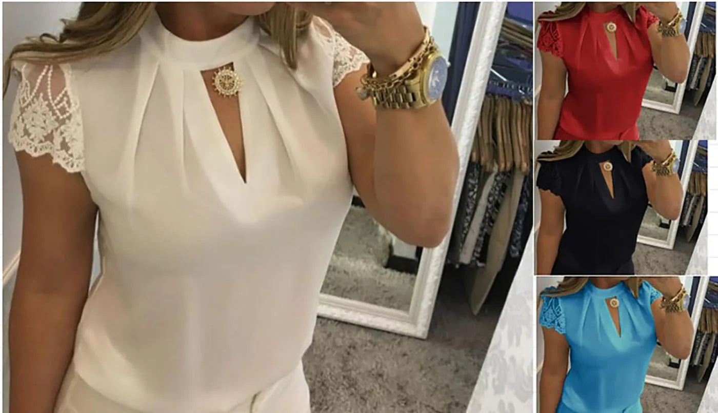 Women's Clothing Women Shirts Blouse high neck deep V-back zipper lace lace lace sleeve patchwork stand up collar shirt Blouses