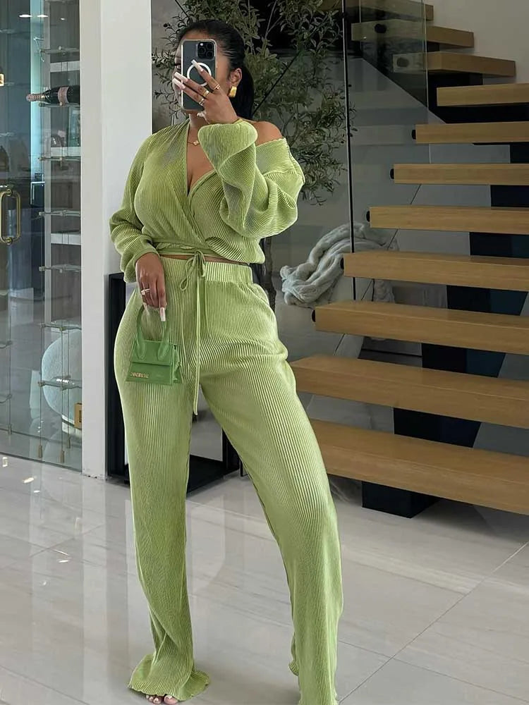 Casual Sets Womens Outfits Fall Clothes 2 Piece Lounge Set Draped Top and Elastic Wrap Pant Sets Outfits Wholesale Dropshipping