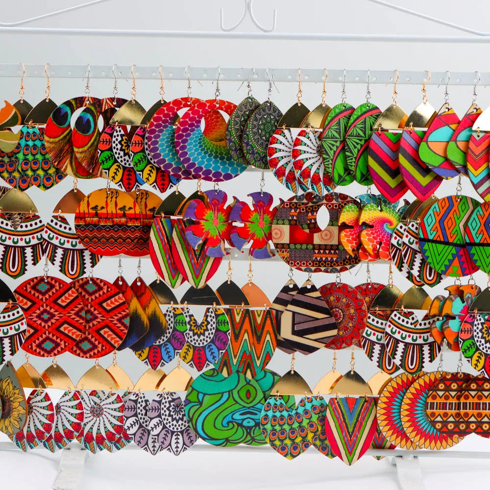 10Pairs/Lot Vintage Fashion Color Printed Wooden Chic Pendant Earrings With Random Styles For Daily Gift Giving Party
