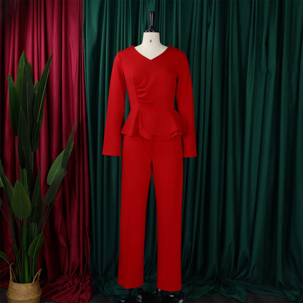 Women 2 Pieces Pants Sets Blouse V Neck Full Sleeve & Long Trousers Straight Elegant Ladies Birthday Party Dinner Outfits Cloth