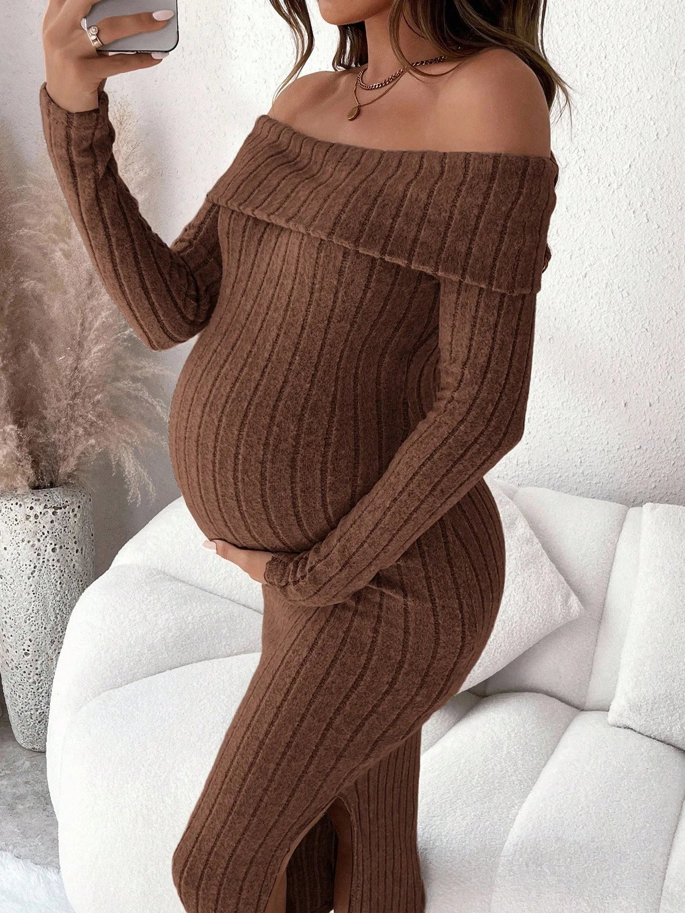 Maternity Clothes Pregnant Women Dress Photoshoot Clothing Autumn Winter One-shoulder Slimming Body-hugging Long-sleeved Knitted