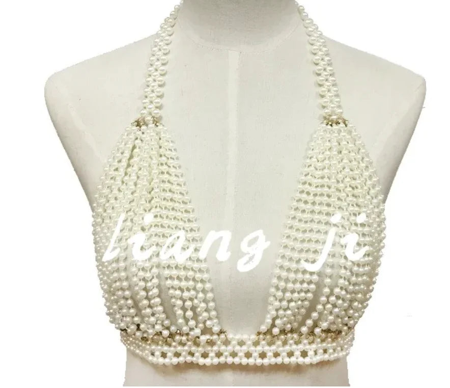 Sexy Accessories Women Bikini Pearl Chest chain Body Chain Jewelry Totally Hand-made Bra Fringed For Beach Nightclub Waist Chain