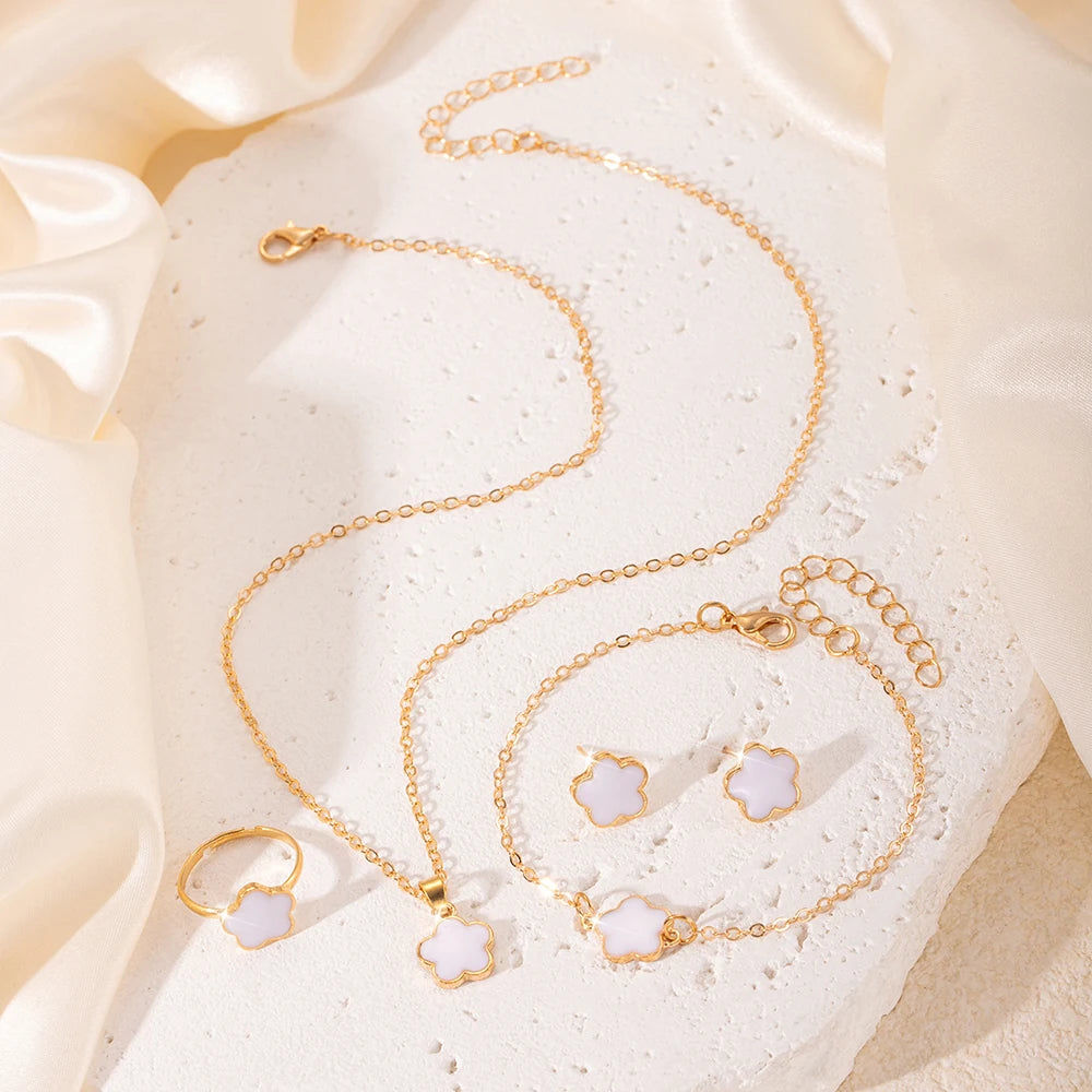 5pcs/set Lucky Five Petal Flower Jewelry Set, Bracelet Necklace Earrings Jewelry Set, Perfect For Giving Gifts