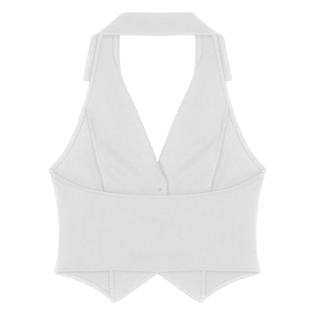 Womens Fashion Vest Shirts Separate Waistcoat Crop Tops Lapel Halter Backless Button Down Pointed Hem Vest for Party Formal Wear