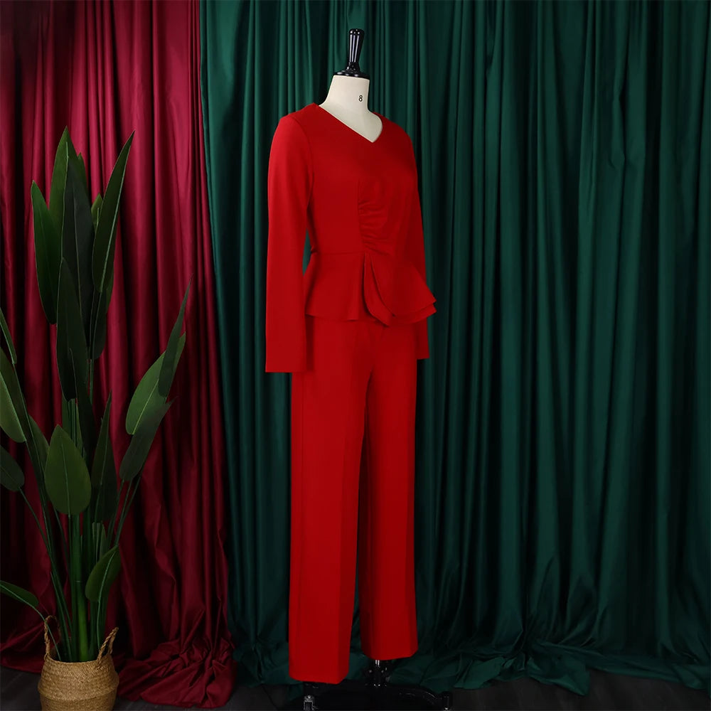 Women 2 Pieces Pants Sets Blouse V Neck Full Sleeve & Long Trousers Straight Elegant Ladies Birthday Party Dinner Outfits Cloth