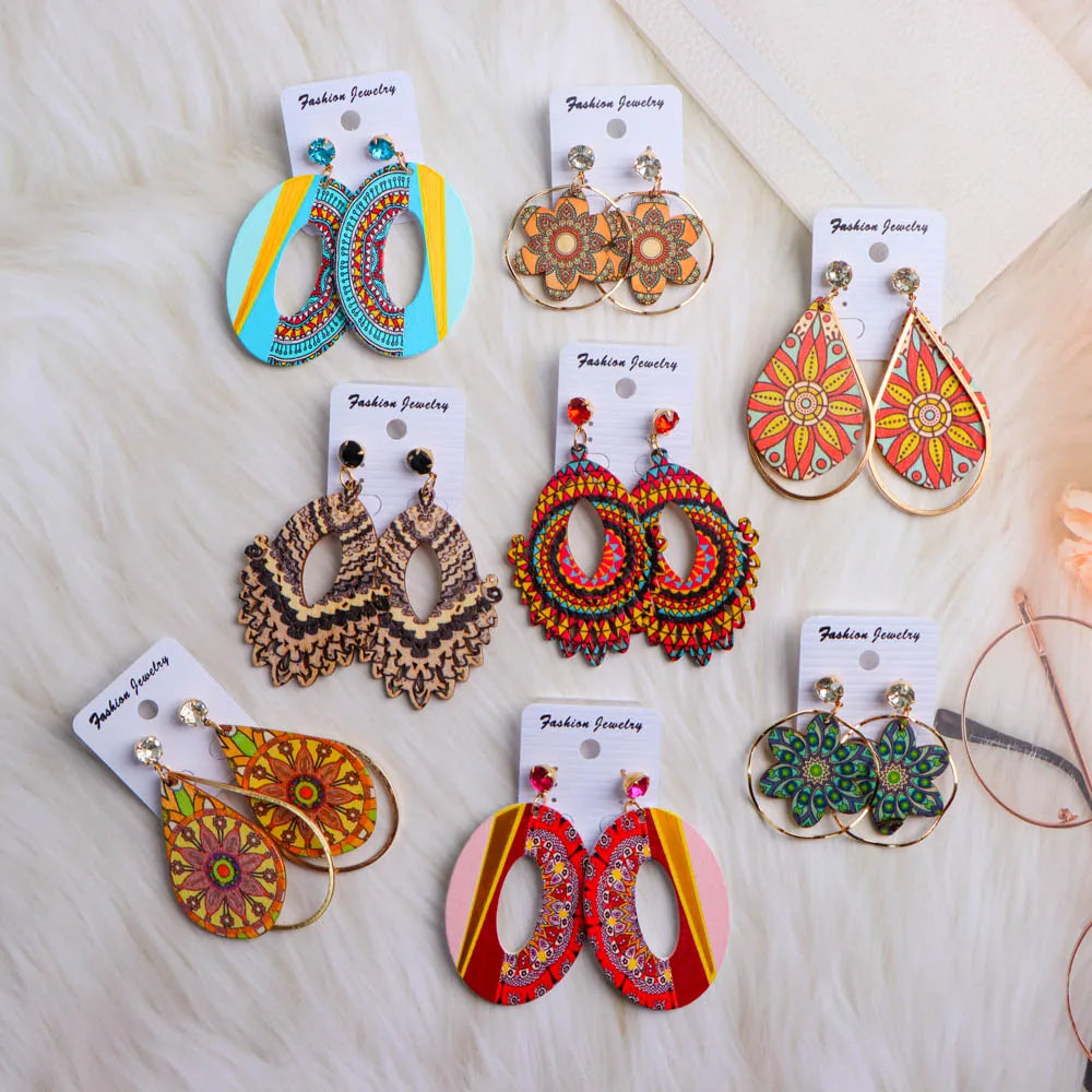 10Pairs/Lot Vintage Fashion Color Printed Wooden Chic Pendant Earrings With Random Styles For Daily Gift Giving Party